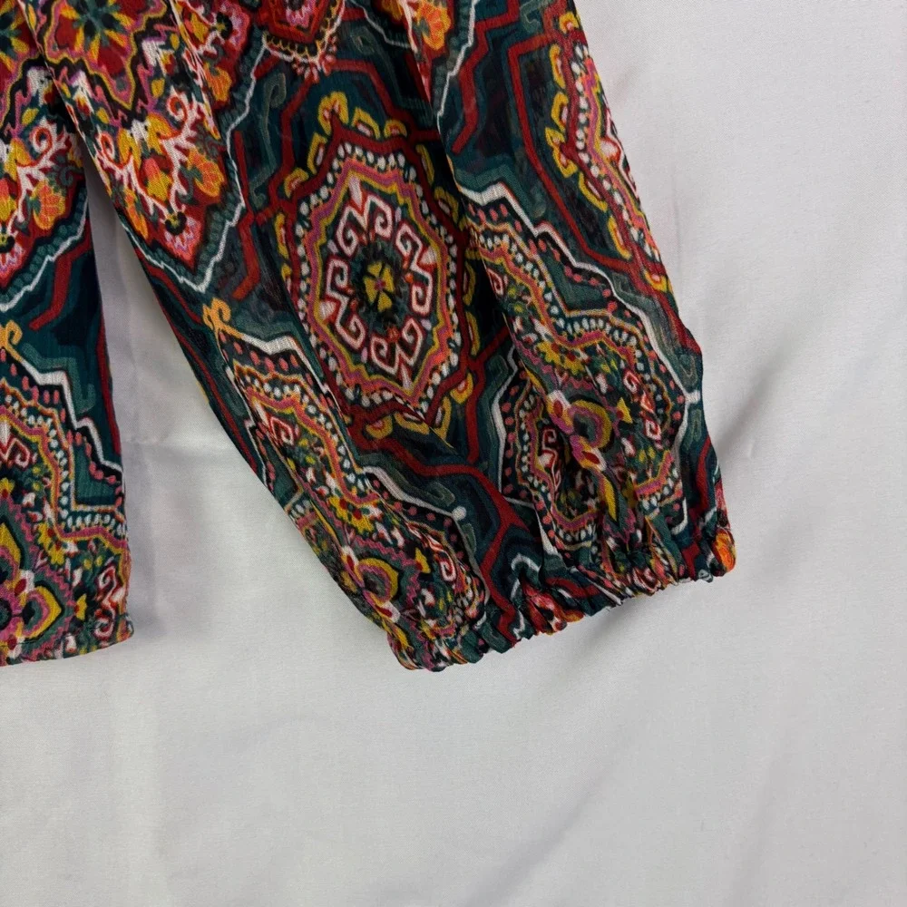 Loft M Petite Colorful Geometric Medallion Split Neck Blouse Boho Career Ruffle